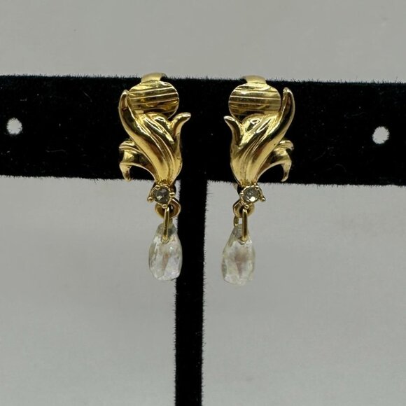 Vintage Gold Tone Clip-On Earrings With Rhinestone Teardrop Dangles - Picture 1 of 5